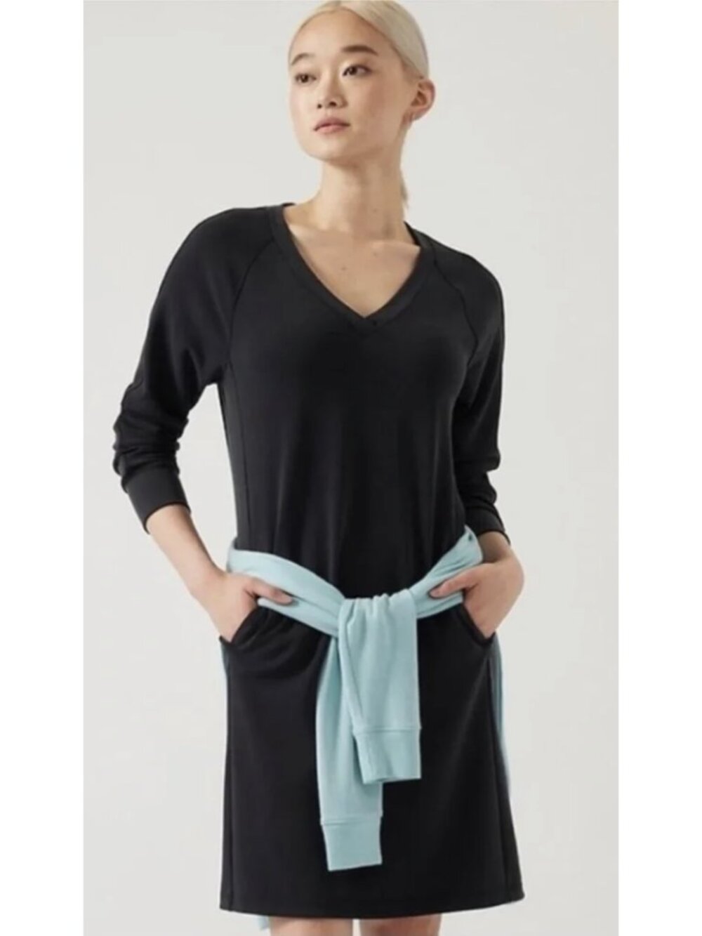ATHLETA Seasoft Long Sleeve Dress Black Large Tall Travel Athleisure Minimalist
